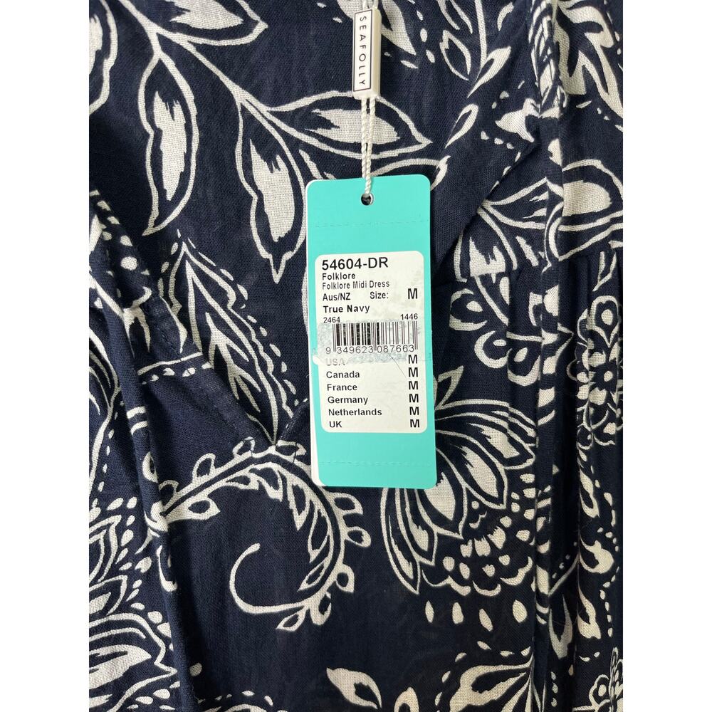 Seafolly Folklore Midi Dress True Navy Boho Coastal Resort Flowy Sundress MD New - Picture 4 of 7